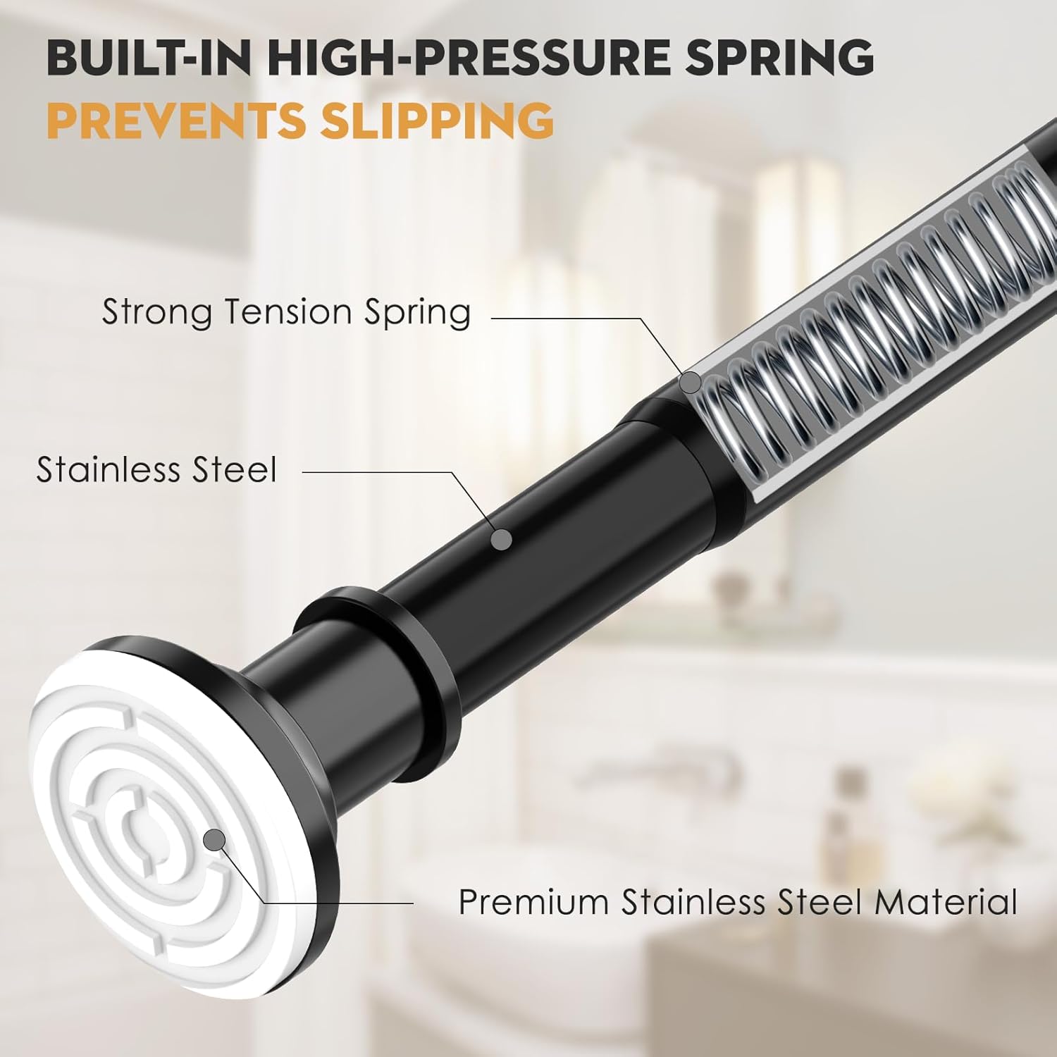Black Tension Shower Curtain Rod 1.1 Diameter Heavy Duty Stainless Steel Adjustable Spring Tension Rods 30 to 88 inch No Drill Shower for Bathroom Windows Outdoor No Slip No Rust